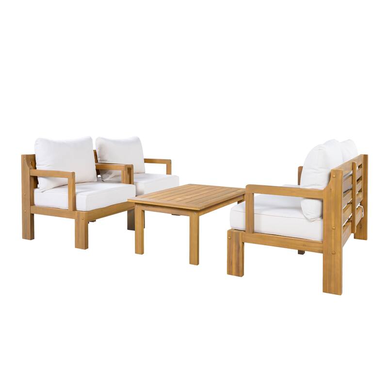 Christopher Knight Home - Modern 3-Piece Acacia Wood Outdoor Sectional Set with 3-Seater Sofa, Loveseat & Coffee Table