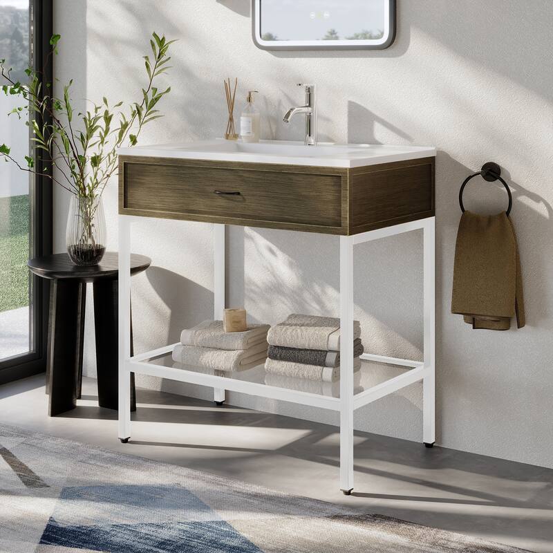 Ansel Freestanding Bathroom Vanity with Single Sink, One Glass Shelf, Metal Legs