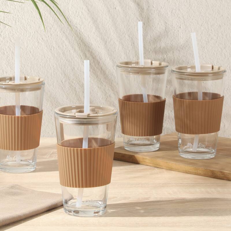 Mr. Coffee Sip Savvy 4-Pack 15oz Glass Tumblers with Lids and Straws - Reusable Iced Coffee Cups