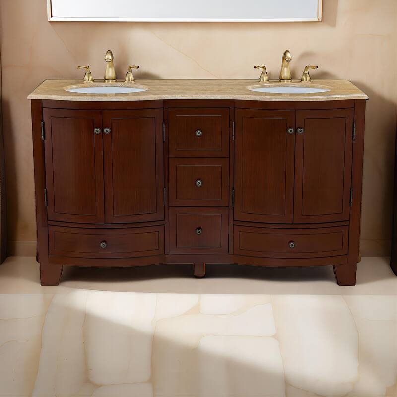 60 in. W x 22 in. D x 36 in. H Dark Cherry Bath Vanity with Double Sink and Brown Travertine Top, Ample storage