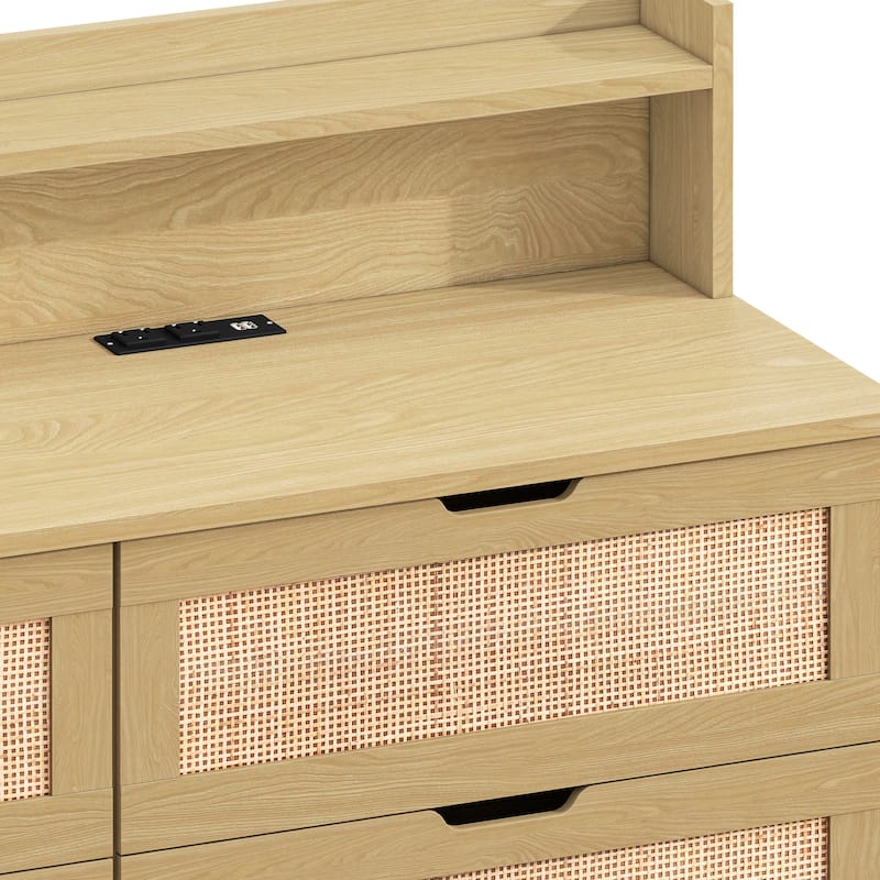 6-Drawers Rattan Storage Cabinet with LED Lights and Power Outlet