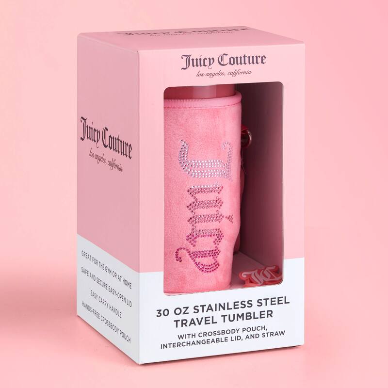 Juicy Couture Jetsetter Hydration Stainless Steel Tumbler with Handle, Straw & Topper with Velour Crossbody Pouch