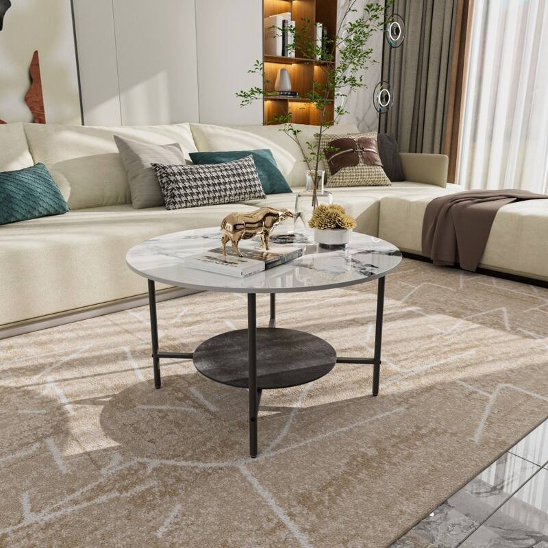 Round Coffee Table 31.5" Coffee Tables for Living Room High Glossy Faux Marble Cocktail Table with Storage Open Shelf