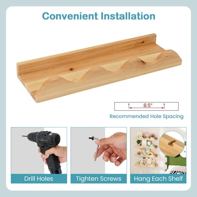 Natural Fir Wood Nursery Wall Shelves Set of 4 with Safety Edges - 16" x 5" x 2"
