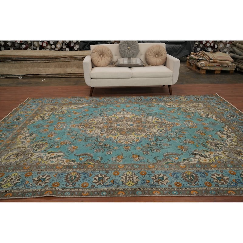 Hand Knotted Oriental 100% Wool Carpet Traditional Floral Navy Blue & Blues Tabriz Area Rug - 11' 0'' X 8' 5''