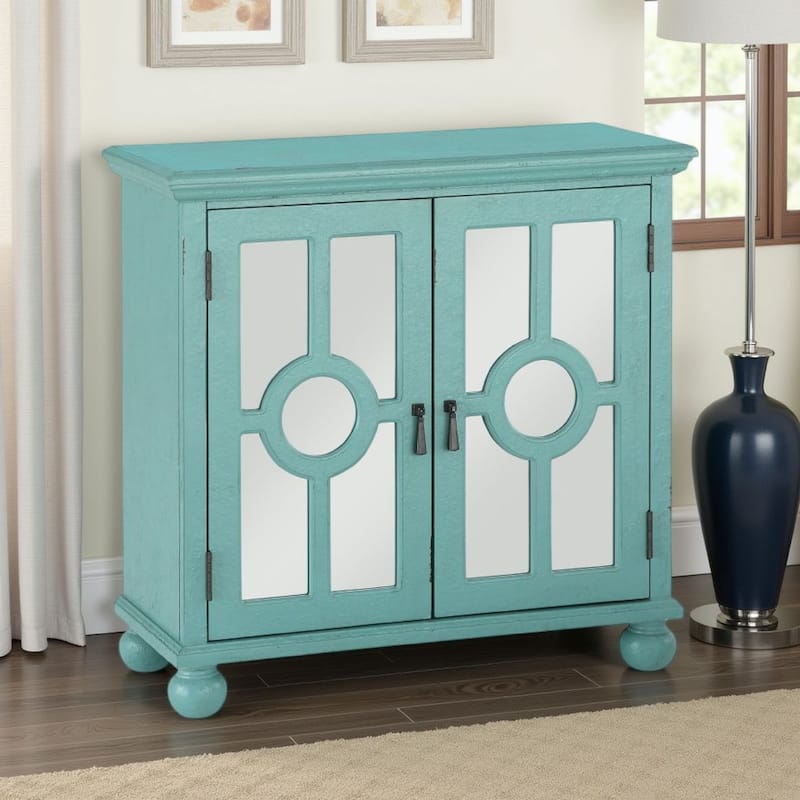 Anik Accent Cabinet, 2 Mirror Inlaid Glass Door, Aqua Green Wood