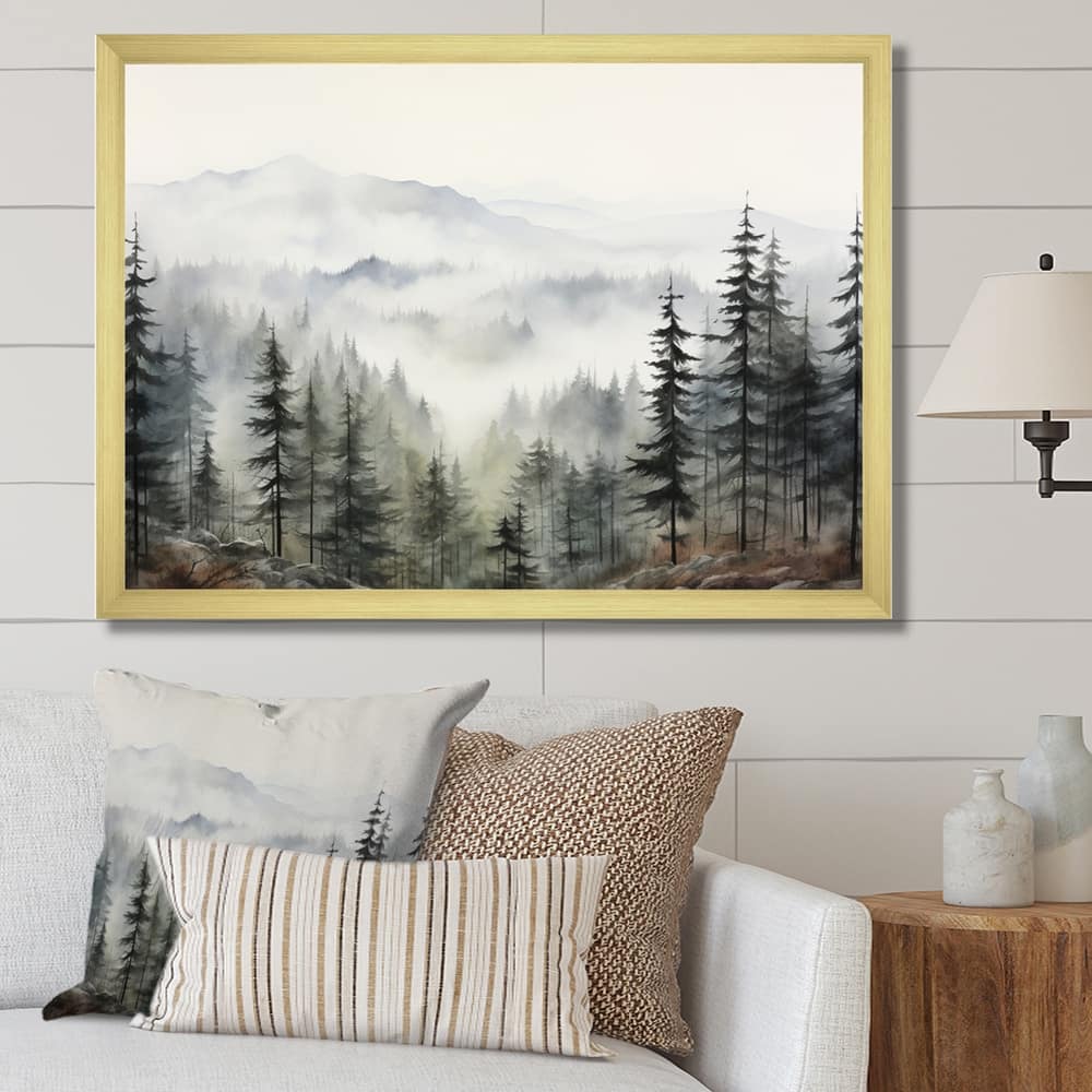 Designart "Pine Tree Misty Mountain II" Floral Framed Wall Art Living Room