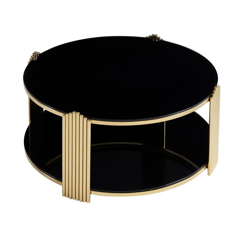 35" Modern Round Coffee Table with Double-Layer Black Glass & Gold Frame, Easy Assembly