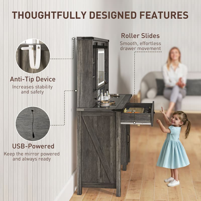 HOMCOM Vanity Desk with Mirror and Lights, 42" Glass Top Makeup Vanity Table Set with 3 Color Lighting, Shelves for Bedroom