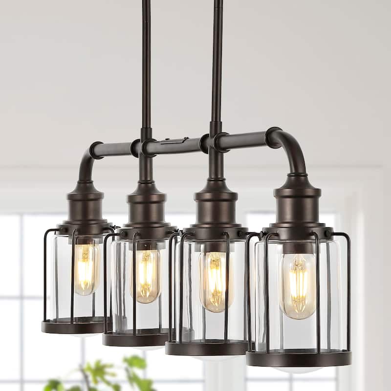 Arlo 34" 4-Light Farmhouse Industrial Iron/Glass Linear LED Pendant, Oil Rubbed Bronze/Clear by JONATHAN Y