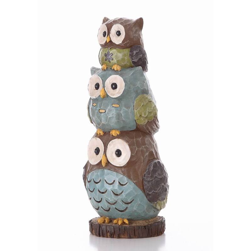 17.75" Green Blue Three Stack of Wide-Eyed Owls Outdoor Garden Statue
