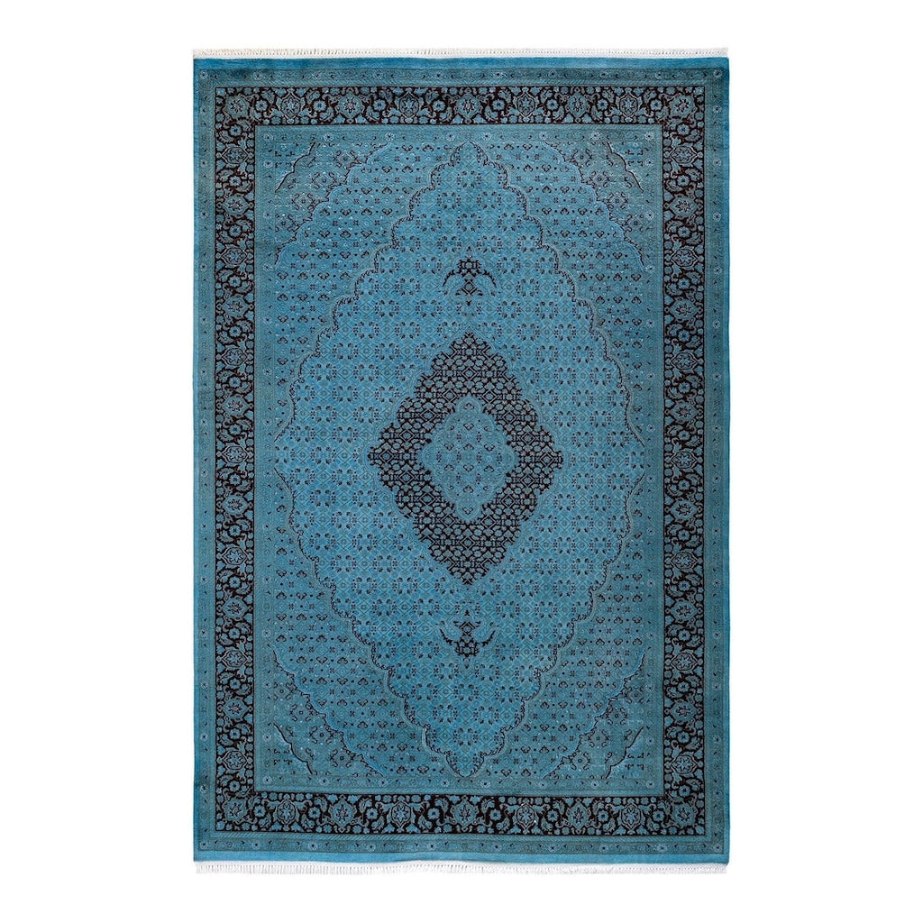 Overton Hand Knotted Wool Vintage Inspired Modern Contemporary Overdyed Blue Area Rug - 6' 2" x 9' 3"