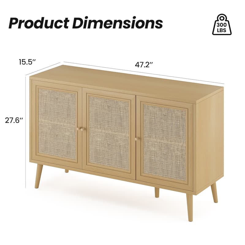 Anmytek Black 3-Door Rattan Buffet Sideboard Wooden Storage Cabinet for Living Dining Room