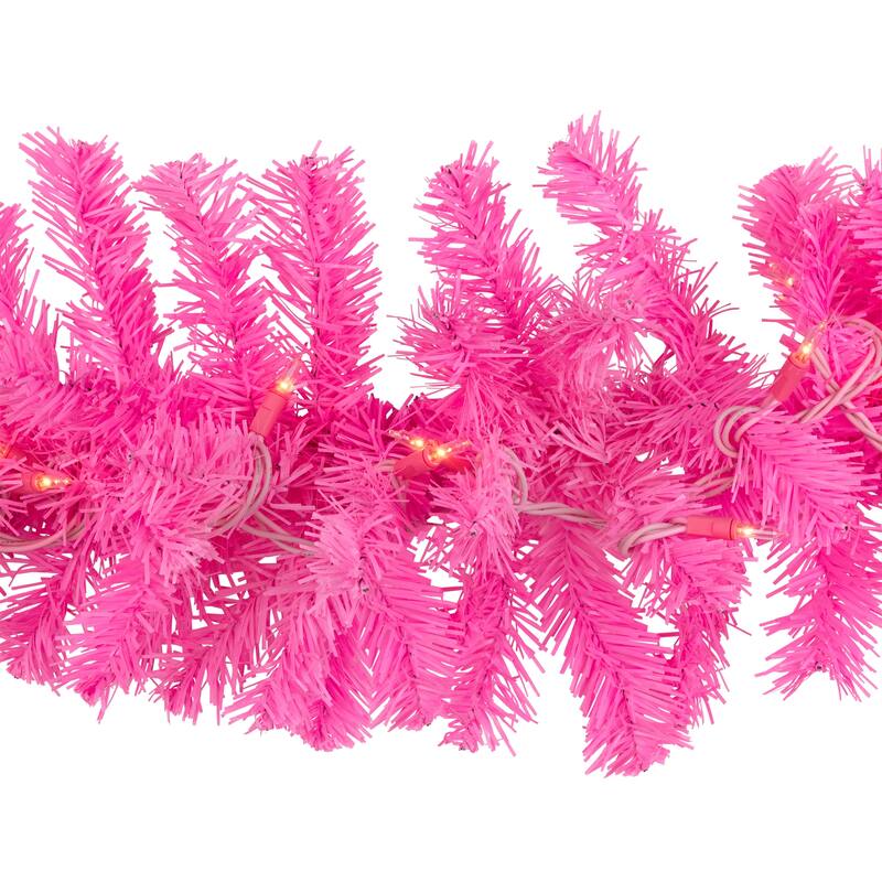 Pre-Lit Artificial Pine Christmas Garland - 9' - Pink - Clear Lights