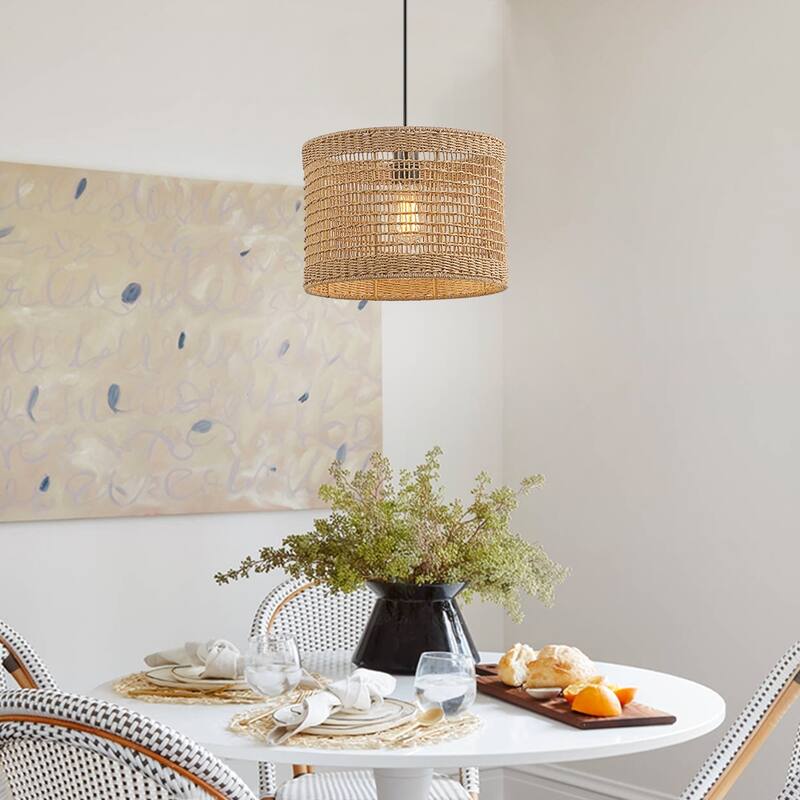 1-Light Bohemian Rattan Pendant Light - Black/Wheat - 13.8 in. W - 13.8 in. W