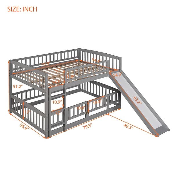 dimension image slide 0 of 2, Full Over Full Wooden Bunk Bed,Low Bunk Bed with Built-In Ladders and Slides