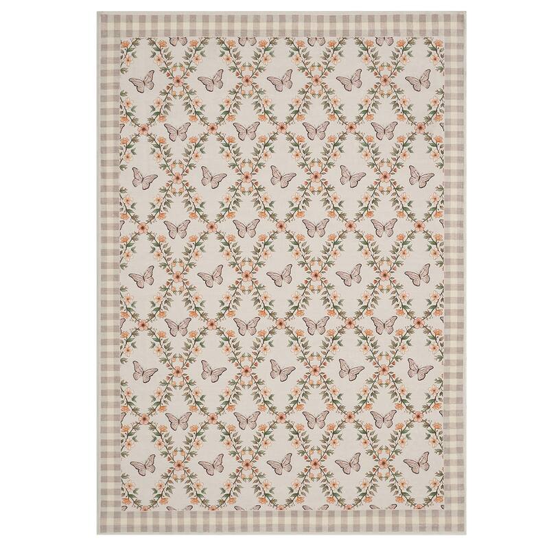 Butterfly Pattern Rugs for Living Room, Modern Floral Area Rug, Washable Border Plaid Non Slip Floor Carpet
