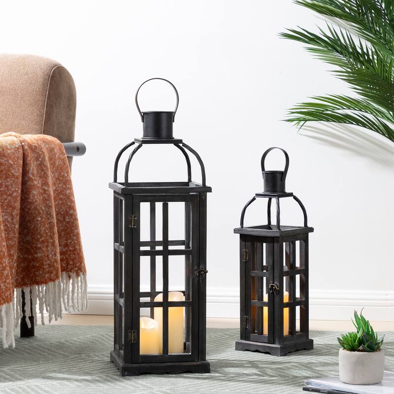 Glitzhome Farmhouse Wooden Metal Cage Candle Holders Patio Hanging Vintage Lanterns (Set of 2)