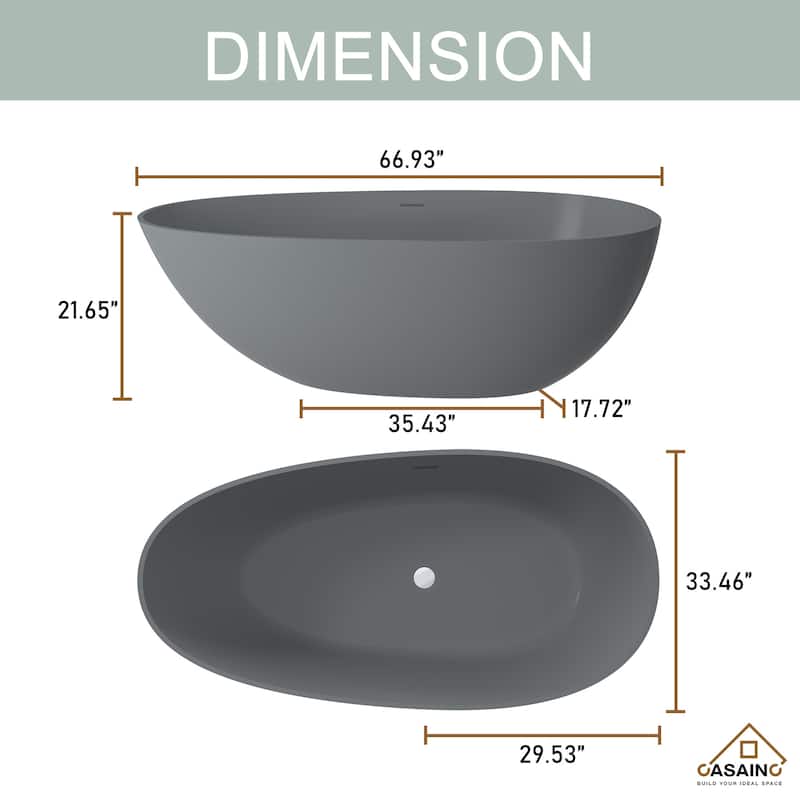 67" Solid Surface Freestanding Bathtub in Matte Black/Grey