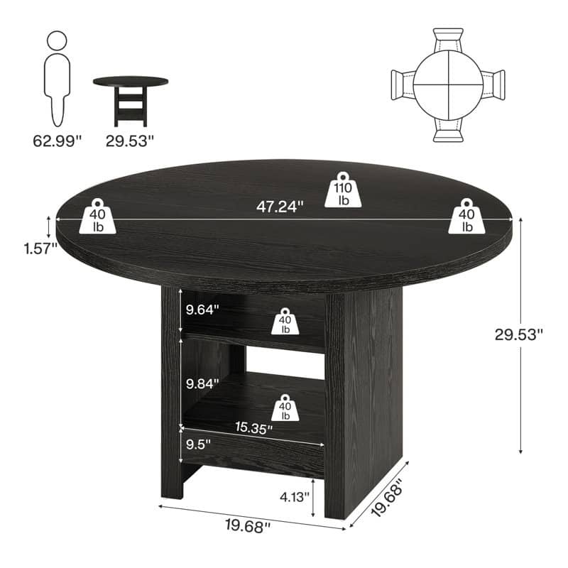 47'' Black Round Dining Table Kitchen Table with 2 Tier Storage Shelf