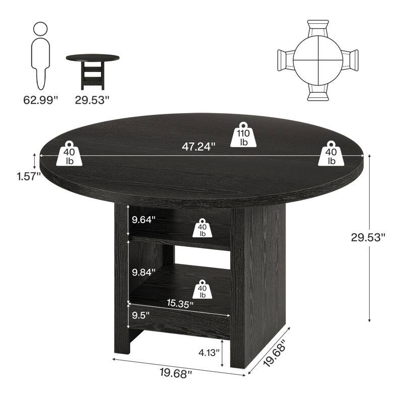 Black Round Dining Table, 47'' Modern Kitchen Table with Storage Shelf