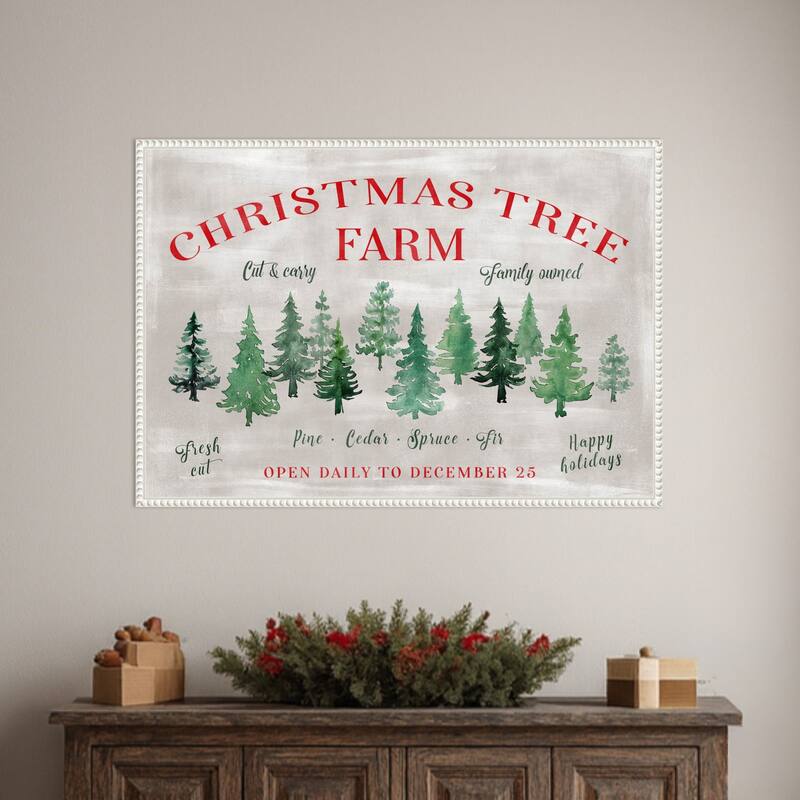 Christmas Tree Farm Sign by Rosana Laiz Blursbyai Framed Canvas Wall Art Print - Sylvie Beaded White
