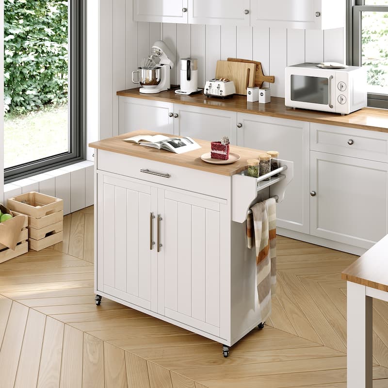 Rolling Kitchen Island with Storage Cabinet - White