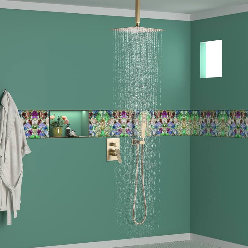 2.5 GPM 12 in. Ceiling Mount Dual Shower Heads with Pressure Balance Valve - Brushed Gold