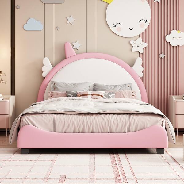 slide 2 of 10, Full size Upholstered Platform Bed with Unicorn Shape Headboard and Footboard White-Pink