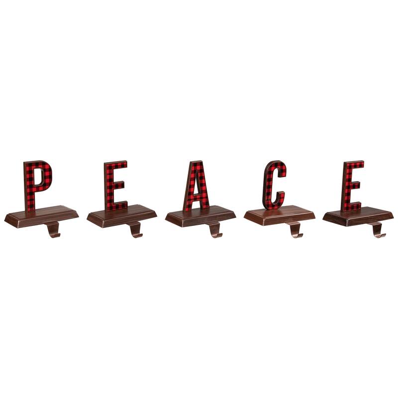 Set of 5 Red Black Buffalo Plaid "PEACE" Christmas Stocking Holder 6"
