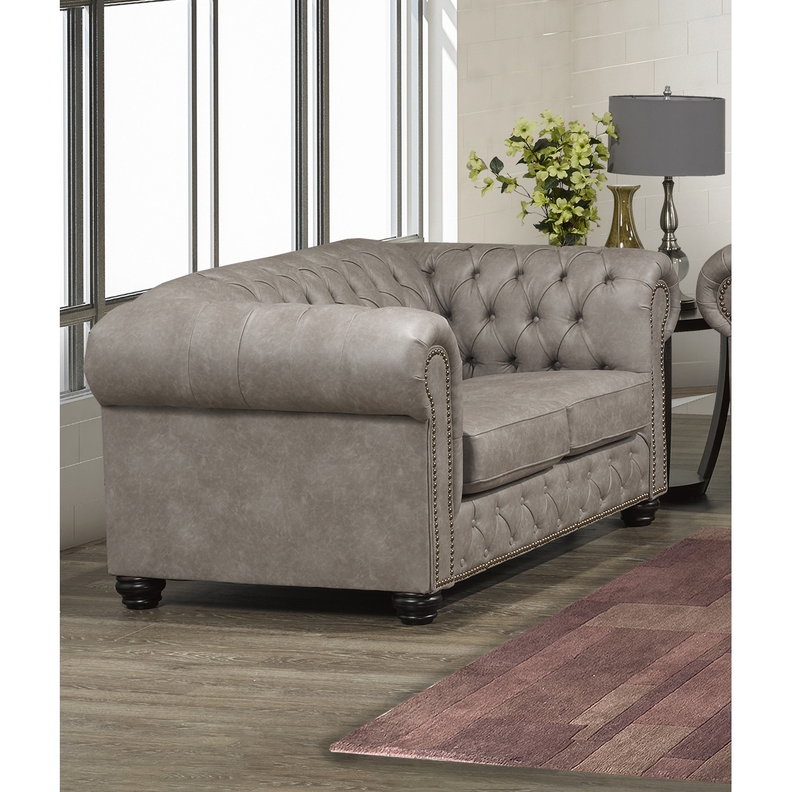 Heston Tufted Light Grey Faux Leather Chesterfield Loveseat