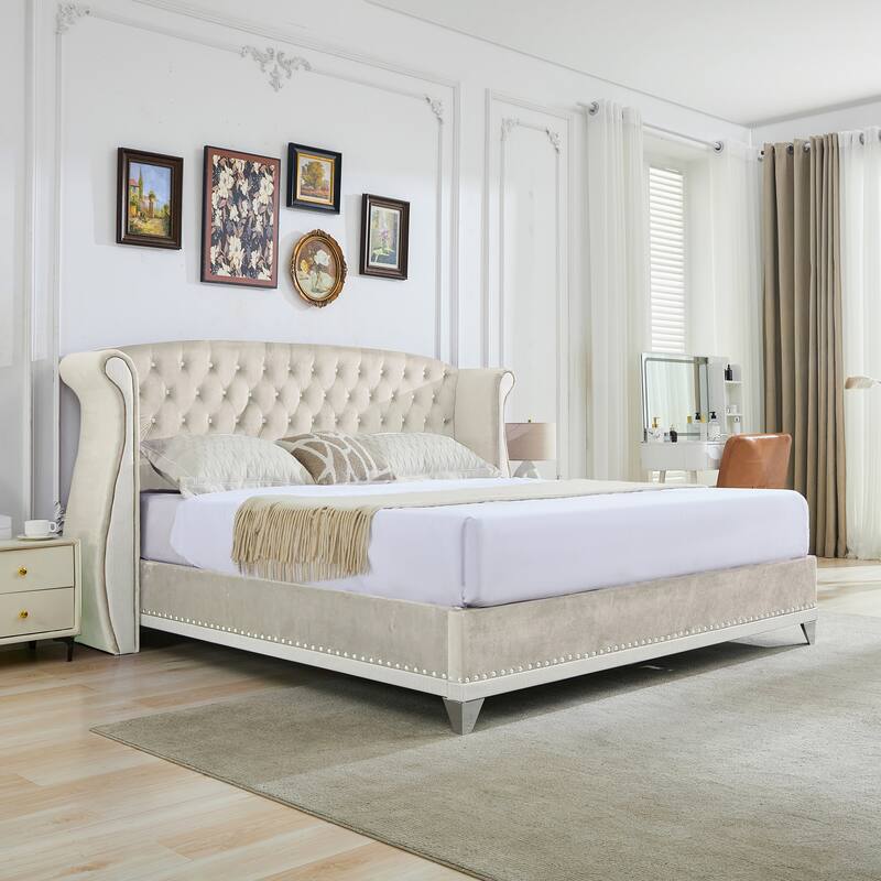 Christopher Knight Home-Eldora Upholstered Bed with Wingback - Beige - Queen