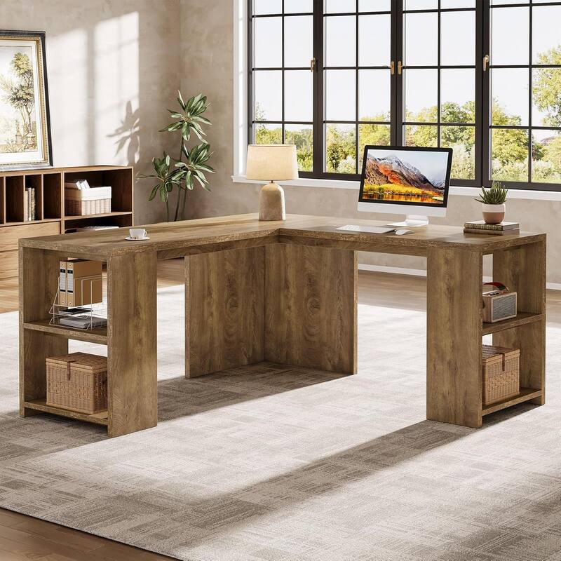 59" L Shaped Executive Desk with Storage Shelves for Home Office, Brown