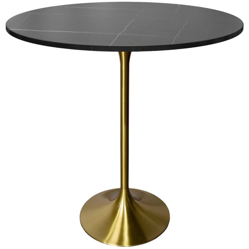 LeisureMod Verve 36" Bar Dining Table with Sintered Stone Round Top in Gold Steel, Gold Marbleized