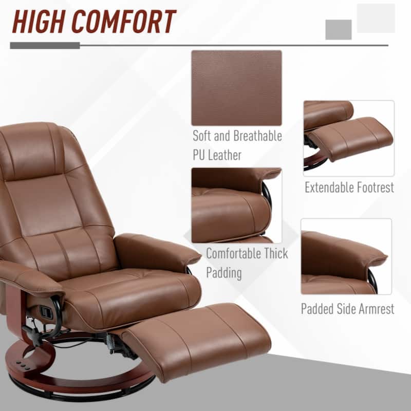 Faux Leather Manual Recliner, Adjustable Swivel Lounge Chair with Footrest, Armrest and Wrapped Wood Base for Living Room,Brown
