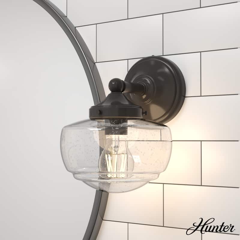Hunter Saddle Creek 1-Light Wall Sconce - Modern Schoolhouse, Transitional - Damp Rated! - Noble Bronze-Clear Seeded Glass