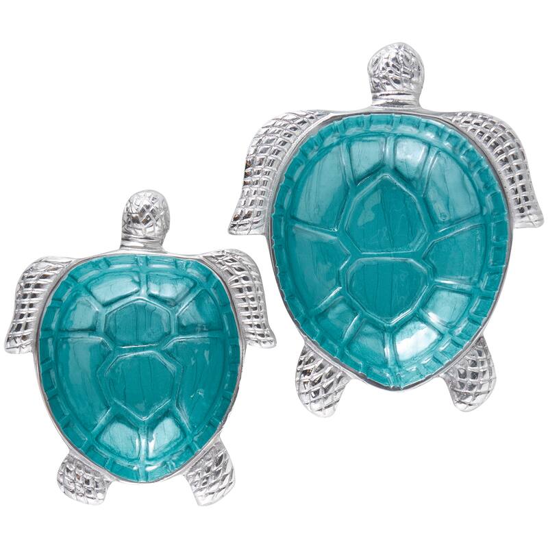 Aluminum Metal Enameled Turtle Decorative Bowl with Silver Metal Exterior (Set of 2)