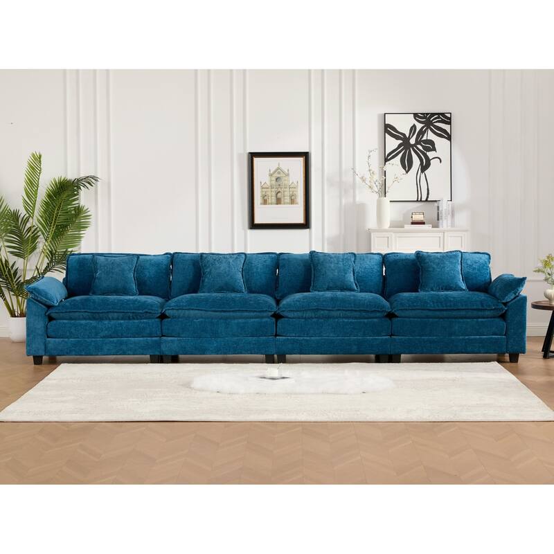 Roomfitters 4-Seater Cloud Sofa, Modern Chenille Upholstered Sectional Couch with Wide Armrests and Deep Cushions - Blue