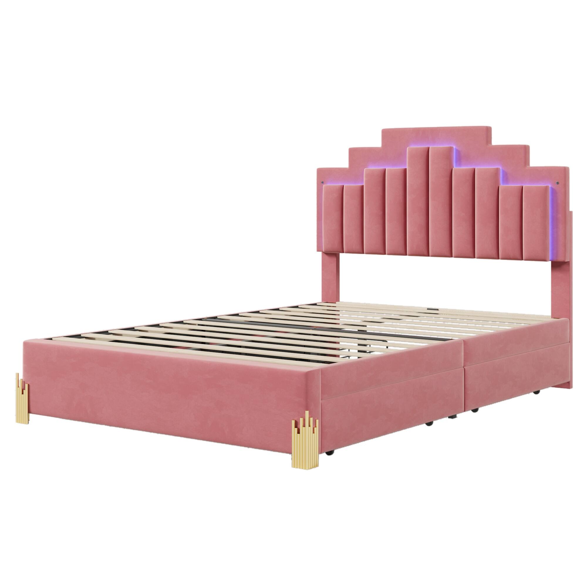 Pink Full Size Velvet Upholstered Platform Bed with 4 Drawers and 16