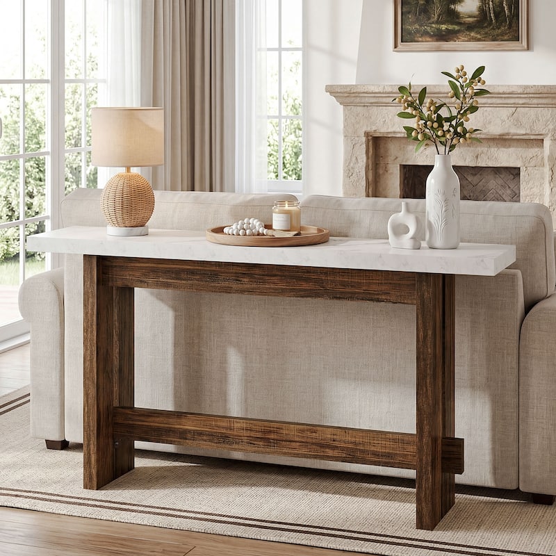 63" Wood Console Table, Farmhouse Entryway Table with Faux Marble Top