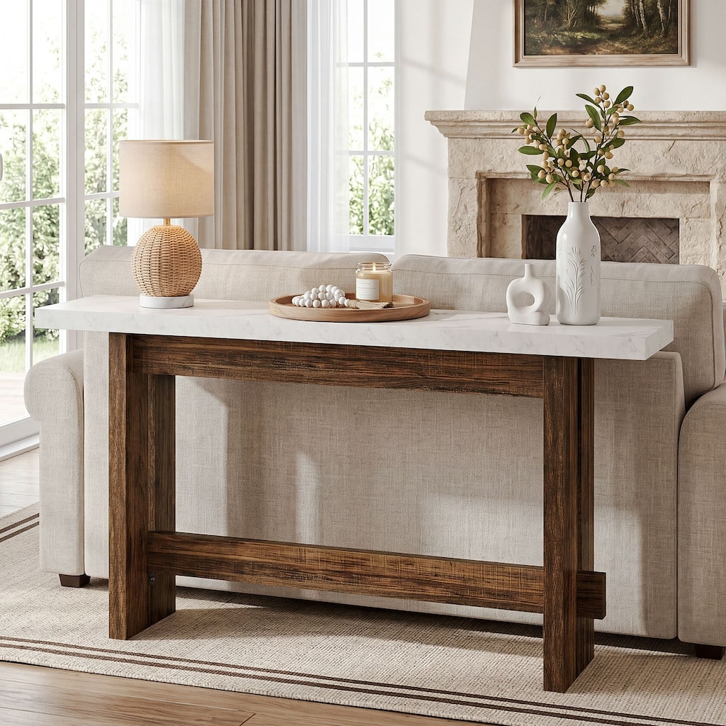 Farmhouse Wood Console Table, 63" Entryway Table with Faux Marble Top