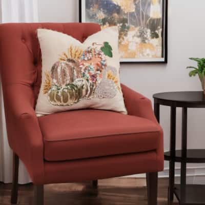 HomeRoots 20" Beige and Green Thanksgiving Cotton Pillow With Applique, Embroidery Edges