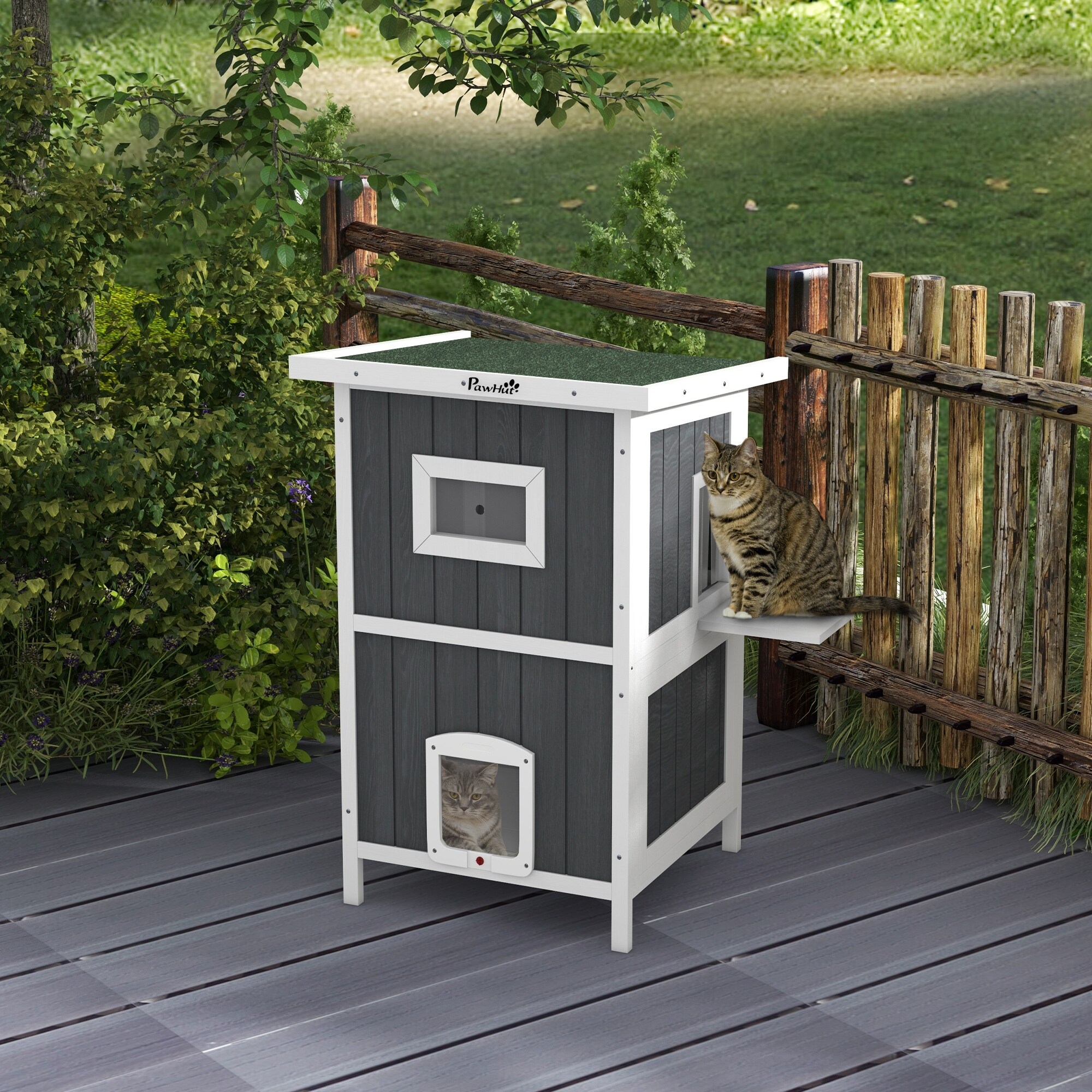 PawHut Outdoor Cat House, Wooden Cat House 2 Tiers Cat Shelter