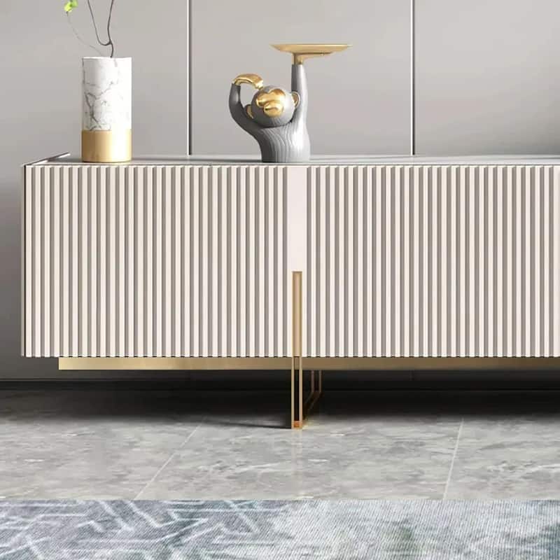 JASIWAY Beige Stone Top TV Stand with 4 Doors 6 Shelves