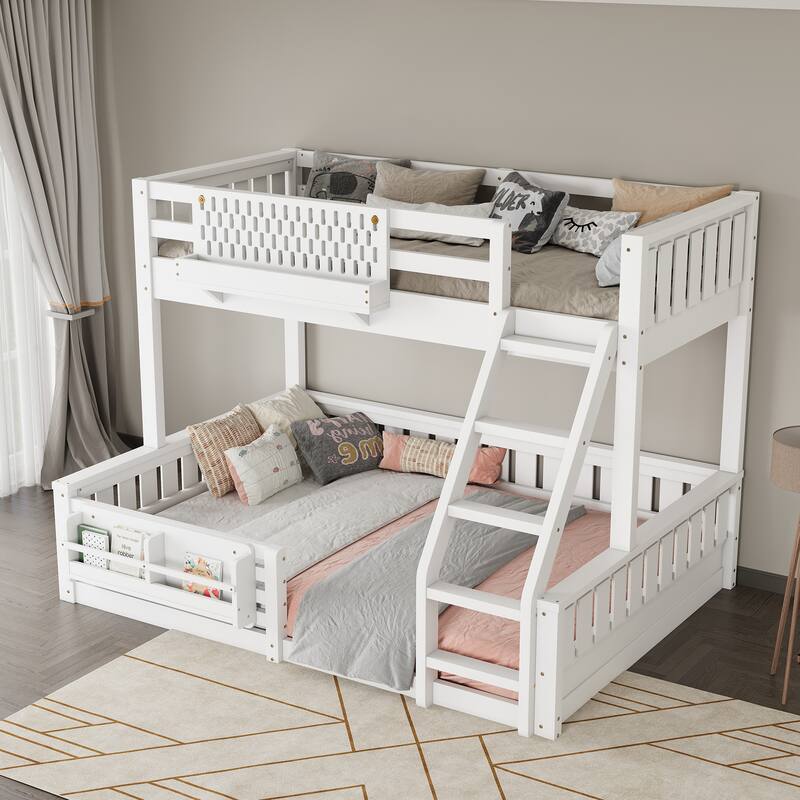 Roomfitters Bunk Bed with Bookshelf and Pegboard, Solid Wood Split Frame - White - Twin XL