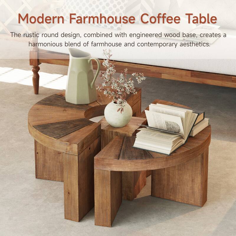 COZAYH Farmhouse Round Coffee Table Set, Rustic Wooden Coffee Table with 2-Piece Semi-Circular Design, Large Circle Table