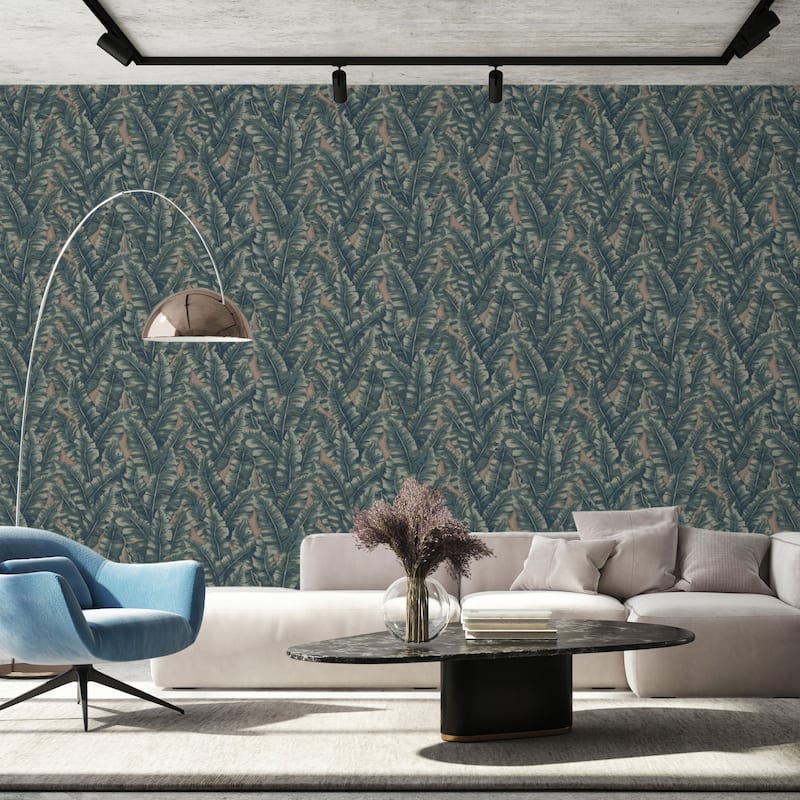 Botanical Exotic Plants Luxury Leaf Pattern Tropical Wallpaper - Blue