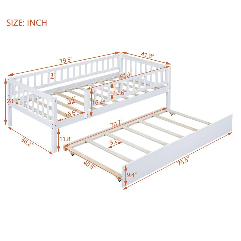 Wooden Twin Daybed with Trundle and Fence Guardrails, Space-Saving Design