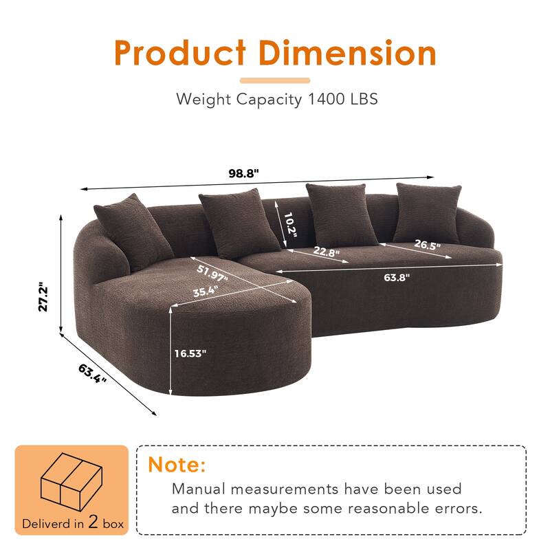 98.8" Boneless L-Shaped Sectional Sofa with Curved Chaise, Modular Chenille Compression Couch with 30D Foam for Living Room