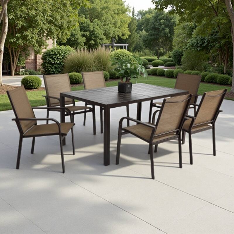 7-Piece Outdoor Patio Dining Set with Rectangular Steel Table and 6 Breathable Textilene Stackable Chairs - Brown